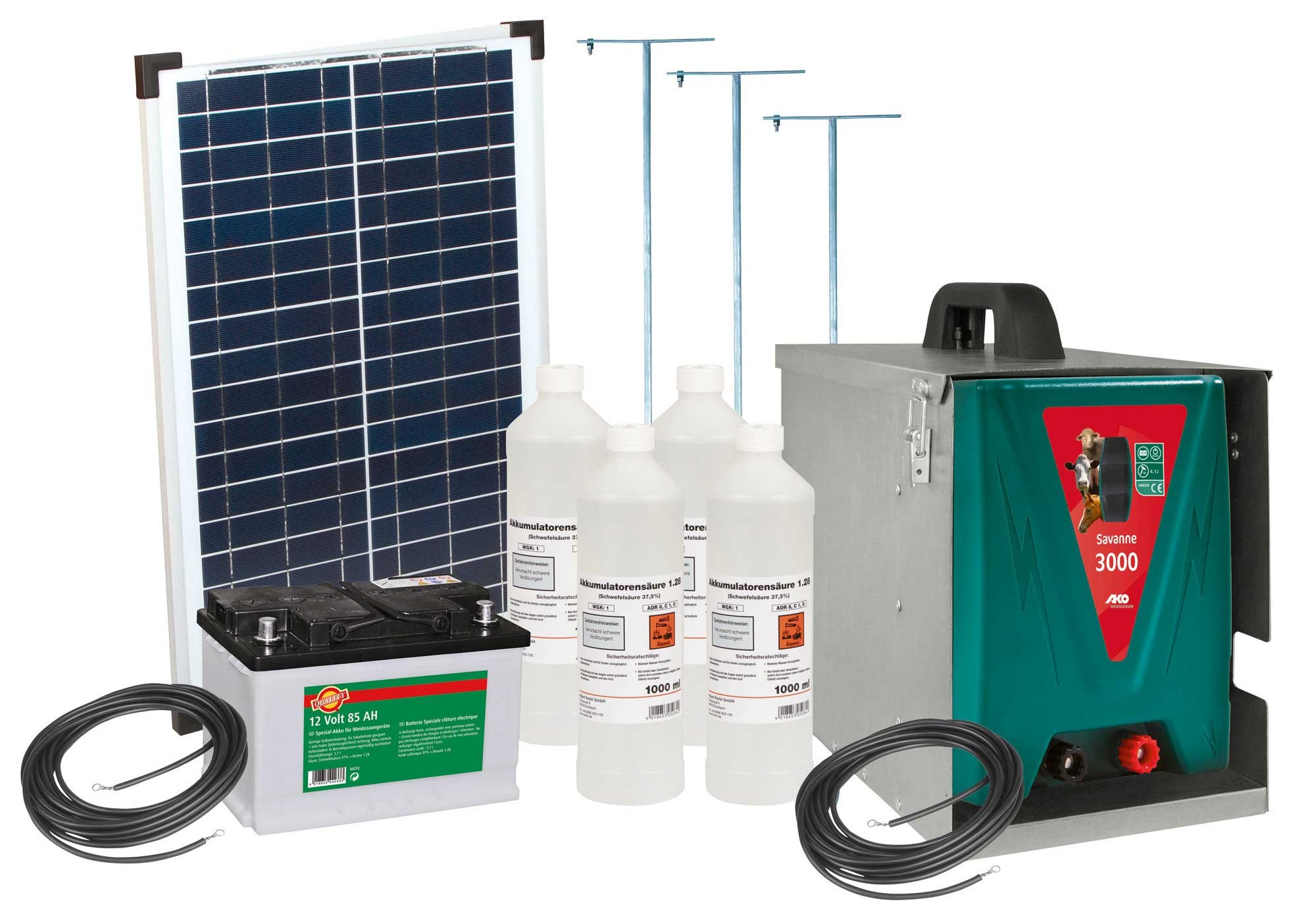 Weidezaungerät Savanne 3000 Solarmodul Batterie Komplettset Metallbox 